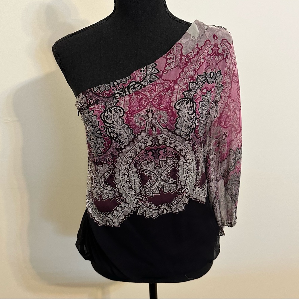 🆕 Cache One Shoulder 100% Silk Embellished Top Size S NWT